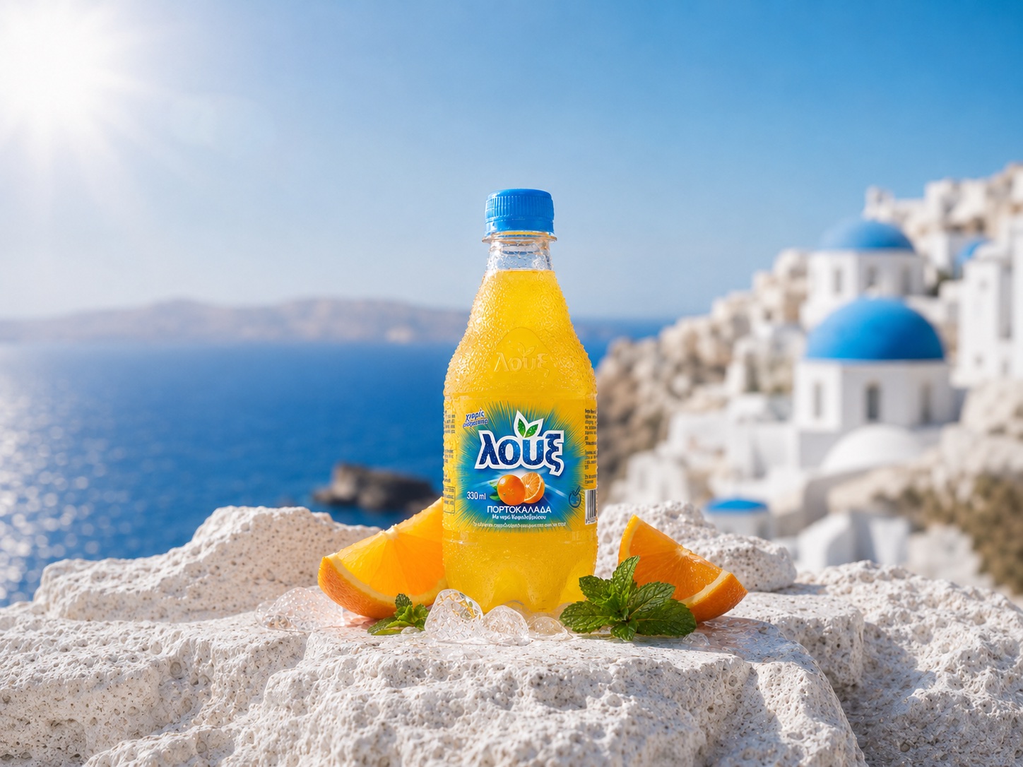Orangeade bottle on an Aegean terrace, made by Intacta
